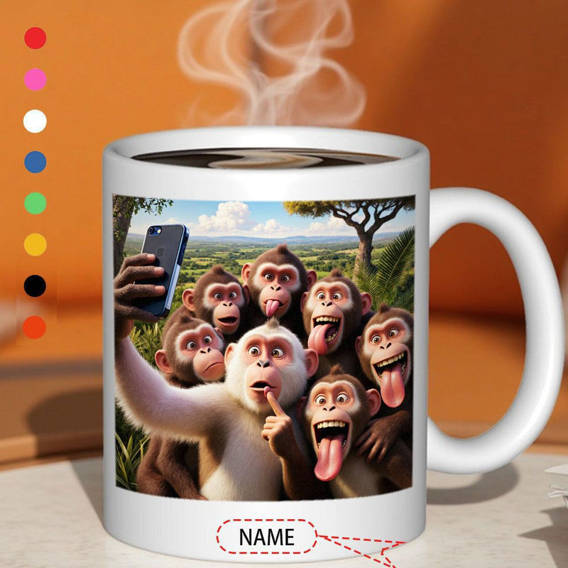 Tailorly White Ceramic 11 oz Mug - Name Vibrant Group Of Wild Chimpanzees Taking A Playful Savannah Selfie Monkey