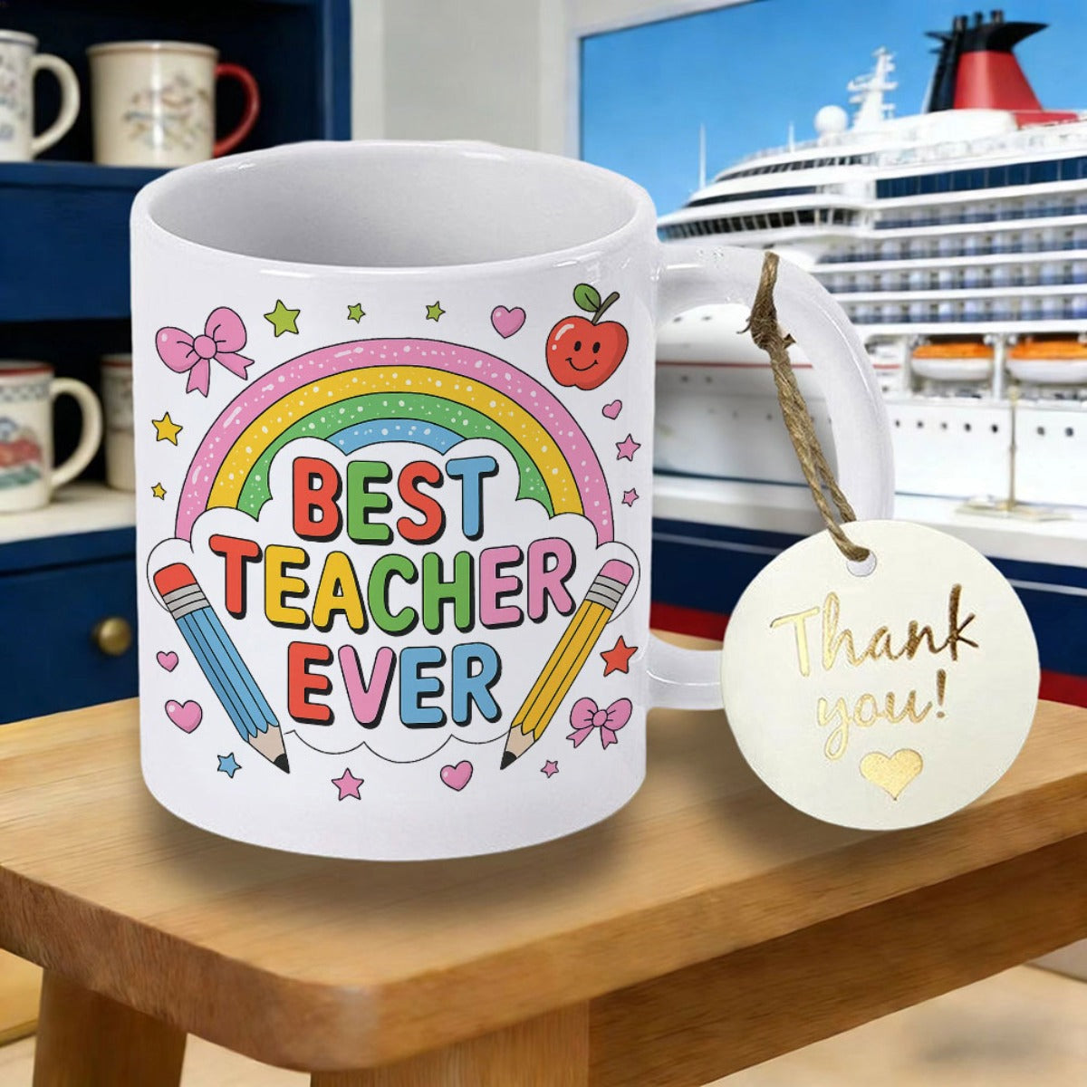 Tailorly White Ceramic 11 oz Mug - Best Teacher Ever Colorful Rainbow With Smiling Apple And Sharpened Pencils Among Hearts Mug