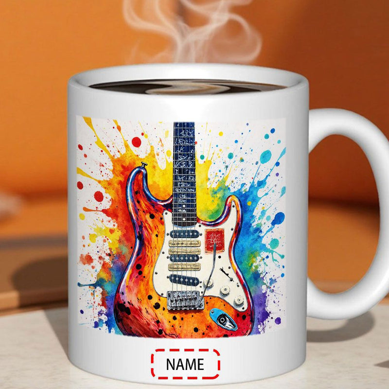 Tailorly White Ceramic 11 oz Mug - Name Vibrant Watercolor Splatter With Musical Rhythms Displaying A Creative Artistic Guitar