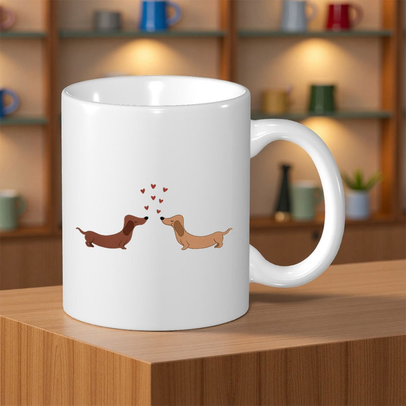 Tailorly White Ceramic 11 oz Mug - Two Adorable Dachshunds Sharing Love Hearts In A Minimalist Playful Style Dachshund