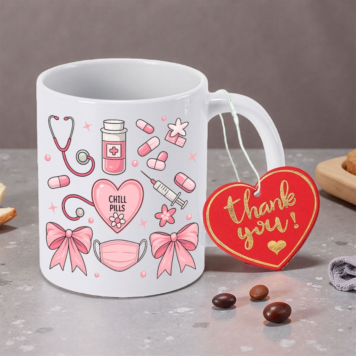 Tailorly White Ceramic 11 oz Mug - Chill Pills Medical Elements With Pink Bows And Cute Stethoscope Heart