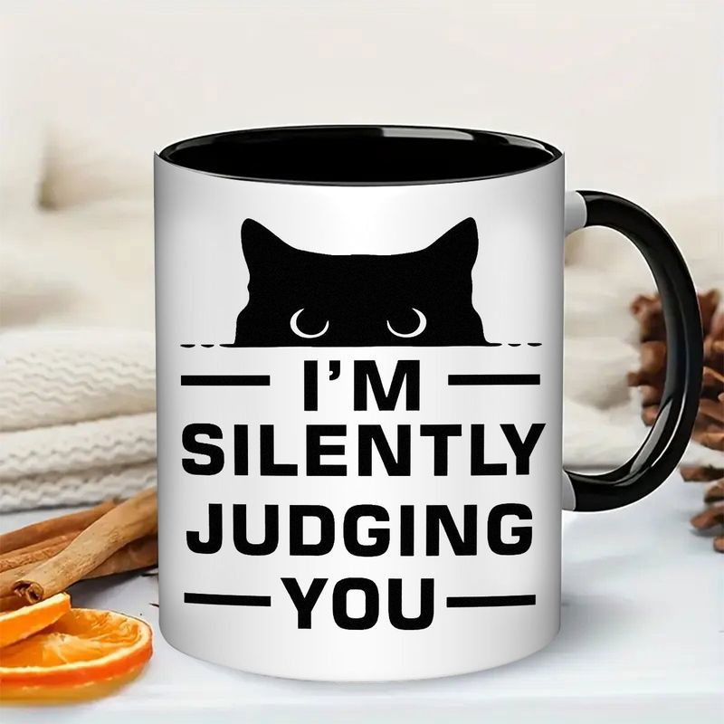 Tailorly Black Accent 11 oz Mug - funny cat and coffee text