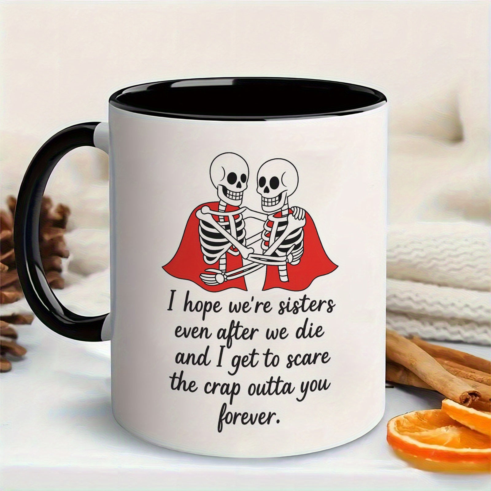Tailorly Black Accent 11 oz Mug - spooky skeleton couple with "sisters after we die" quote