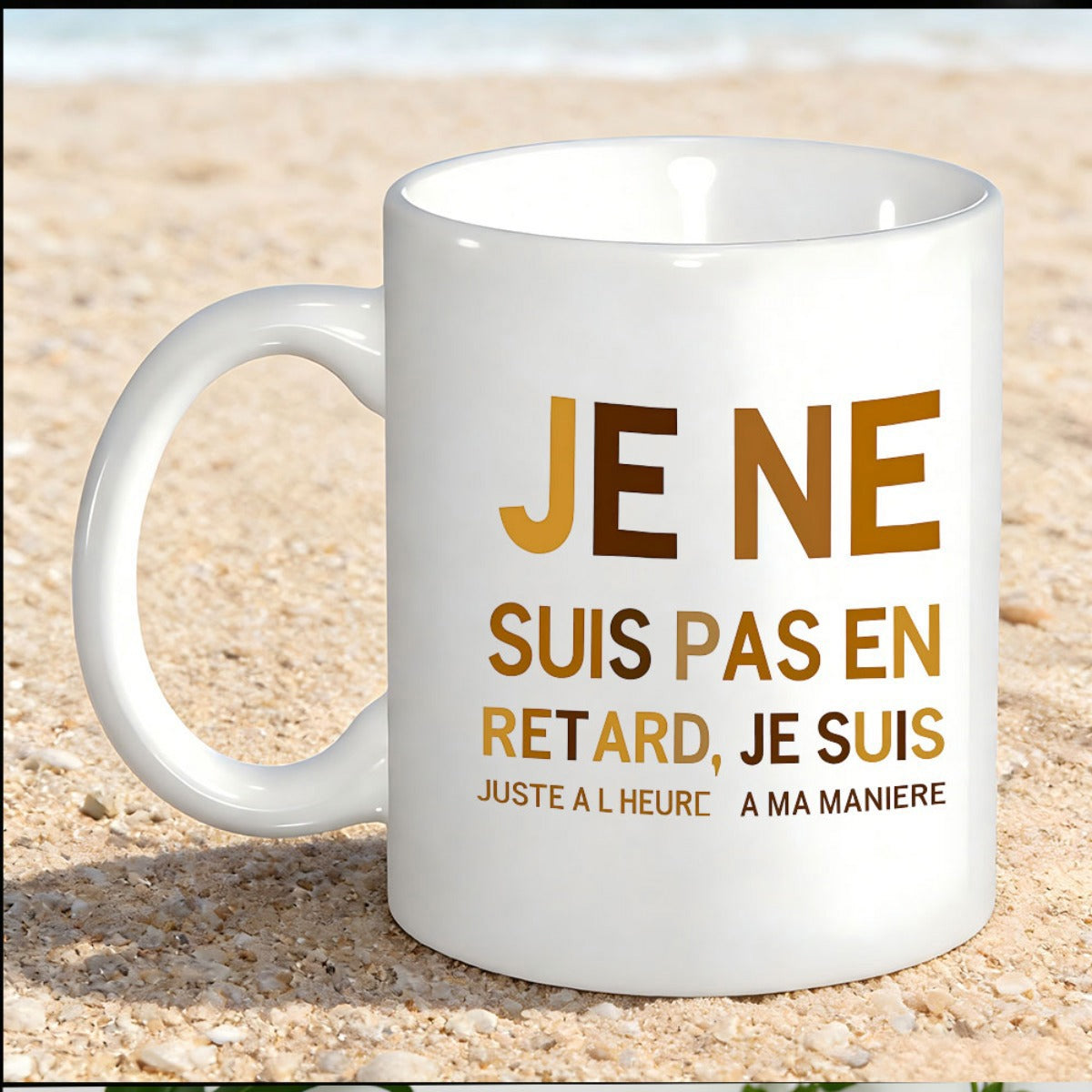 Tailorly White Ceramic 11 oz Mug - Minimalist Typographic Design With Brown Shades Resting On Warm Summer Sand Ceramic Mug