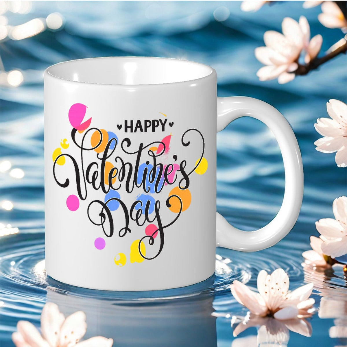 Tailorly White Ceramic 11 oz Mug - Happy Valentine's Day Festive Colorful Polka Dots Surrounding Elegant Artistic Script Mug