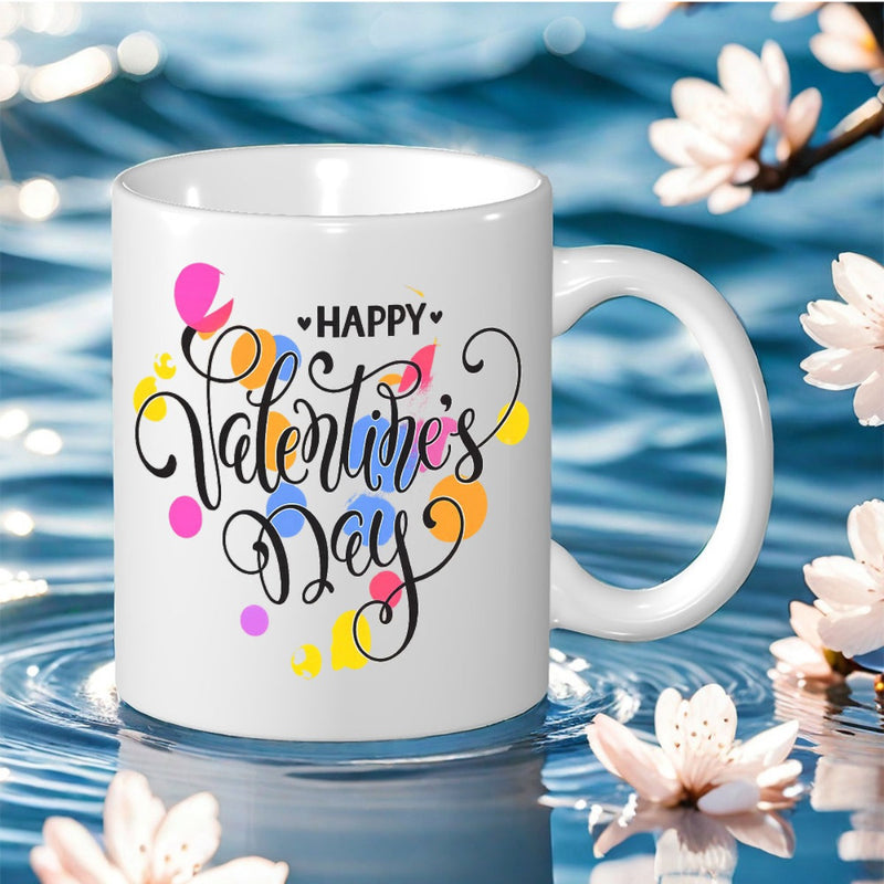 Tailorly White Ceramic 11 oz Mug - Happy Valentine's Day Festive Colorful Polka Dots Surrounding Elegant Artistic Script Mug