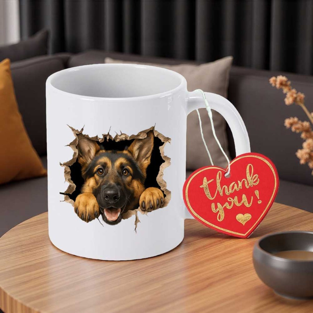 Tailorly White Ceramic 11 oz Mug - Thank You Intelligent Loyal Dog Peeking Through Realistic Ripped Hole German Shepherd