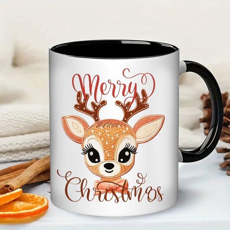 Tailorly Black Accent 11 oz Mug - cute reindeer with "merry christmas" text