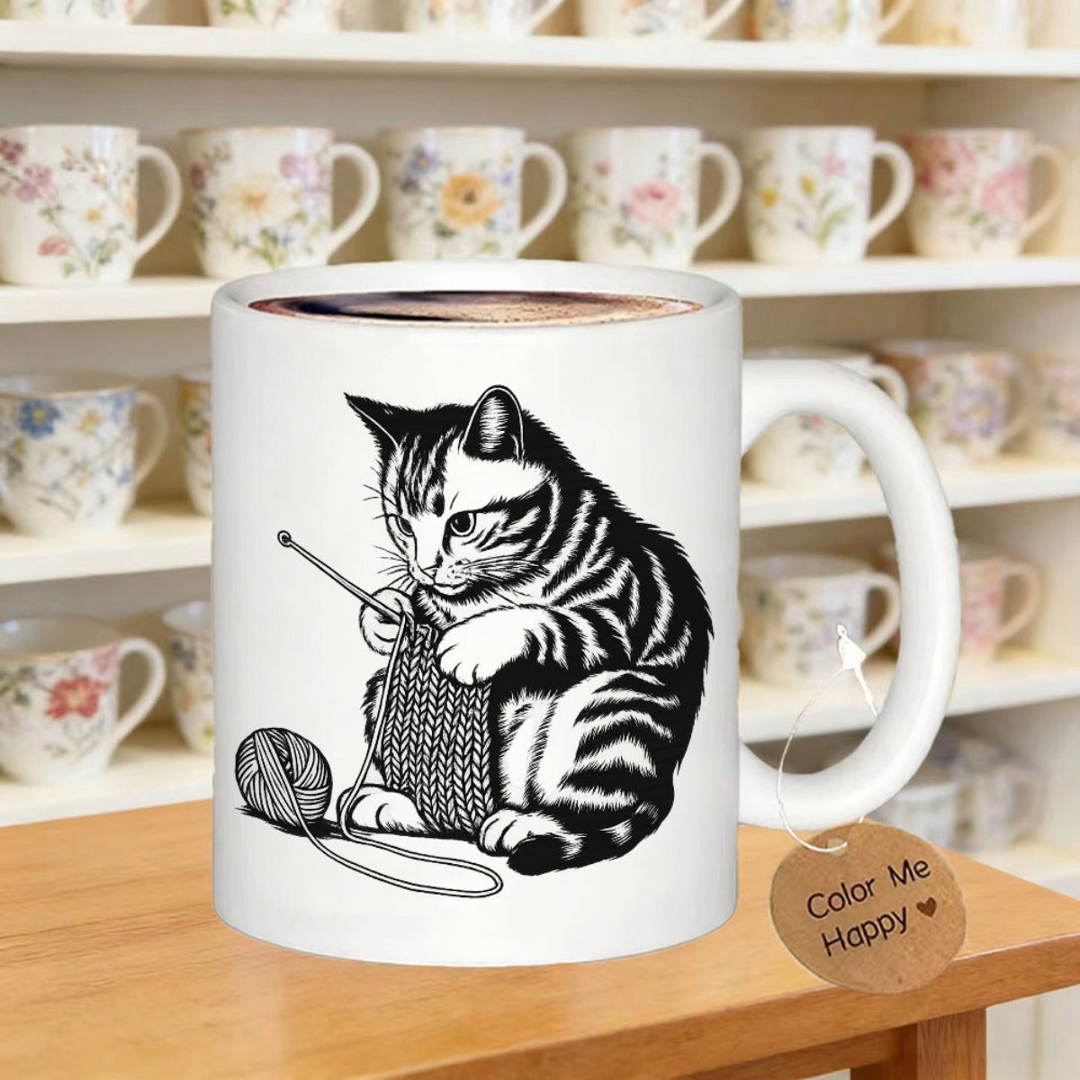 Tailorly White Ceramic 11 oz Mug - Color Me Happy Detailed Black And White Hand Drawn Illustration Of Knitting Cat