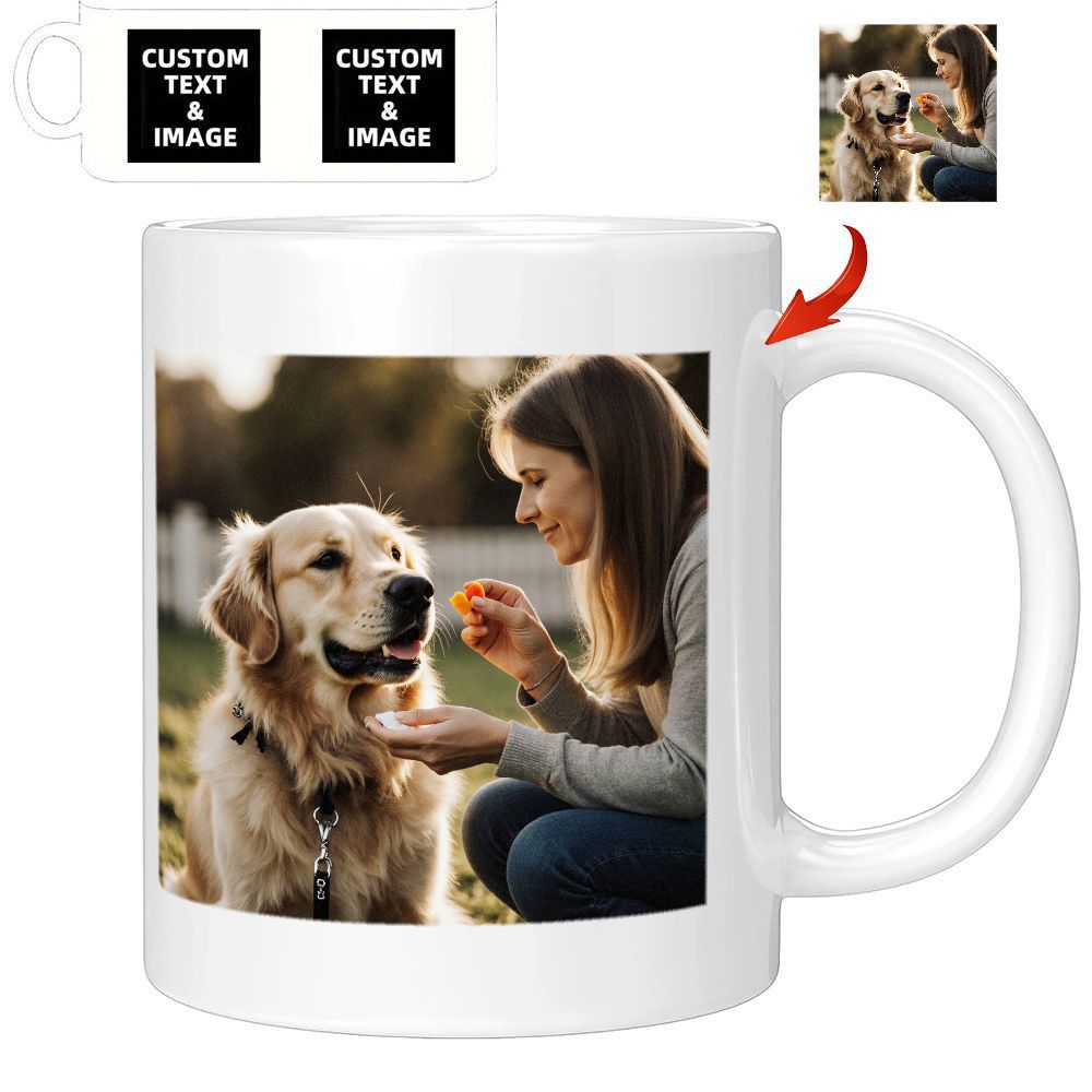 Tailorly White Ceramic 11 oz Mug - Custom Text And Image Smiling Woman Petting A Loyal Dog In The Sunlight Dog