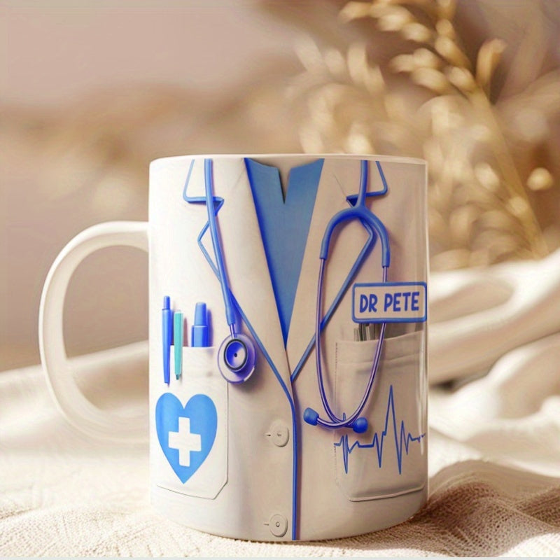 Tailorly White Ceramic 11 oz Mug - Dr Pete Professional Medical Lab Coat Featuring Blue Stethoscope And Heart Uniform