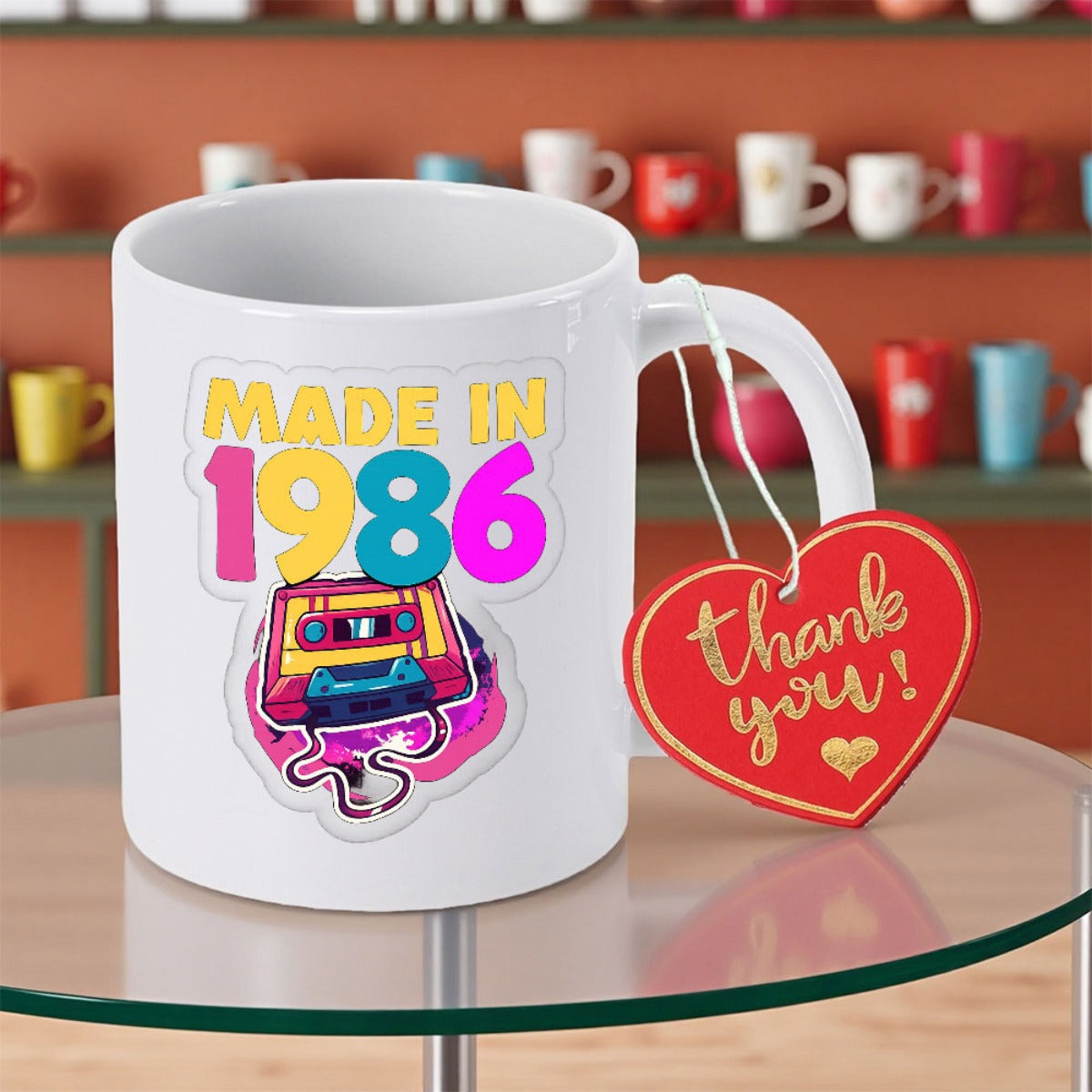 Tailorly White Ceramic 11 oz Mug - Made In 1986 Colorful Vintage Music Tape With Vibrant Neon Glowing Aesthetic Background Cassette