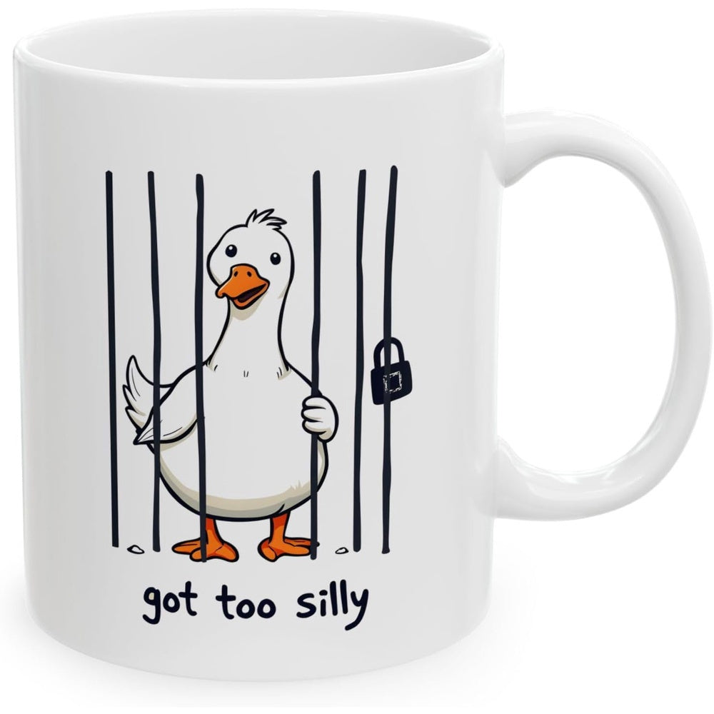 Tailorly White Ceramic 11 oz Mug - Got Too Silly Funny Cartoon White Bird Behind Black Prison Bars Duck