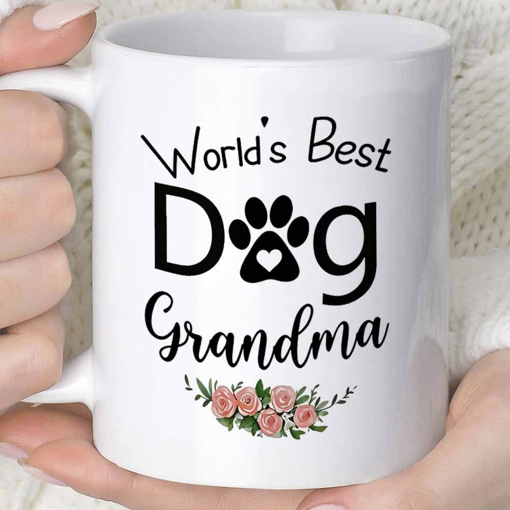 Tailorly White Ceramic 11 oz Mug - World's Best Dog Grandma Minimalist Paw Print With Heart Among Delicate Blooming Pink Floral Roses Mug