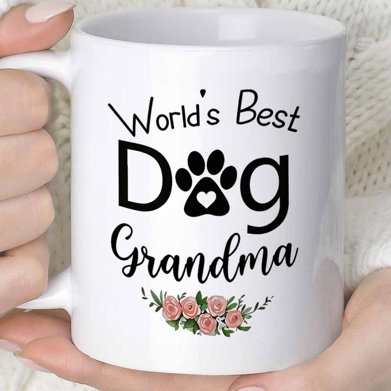 Tailorly White Ceramic 11 oz Mug - World's Best Dog Grandma Minimalist Paw Print With Heart Among Delicate Blooming Pink Floral Roses Mug