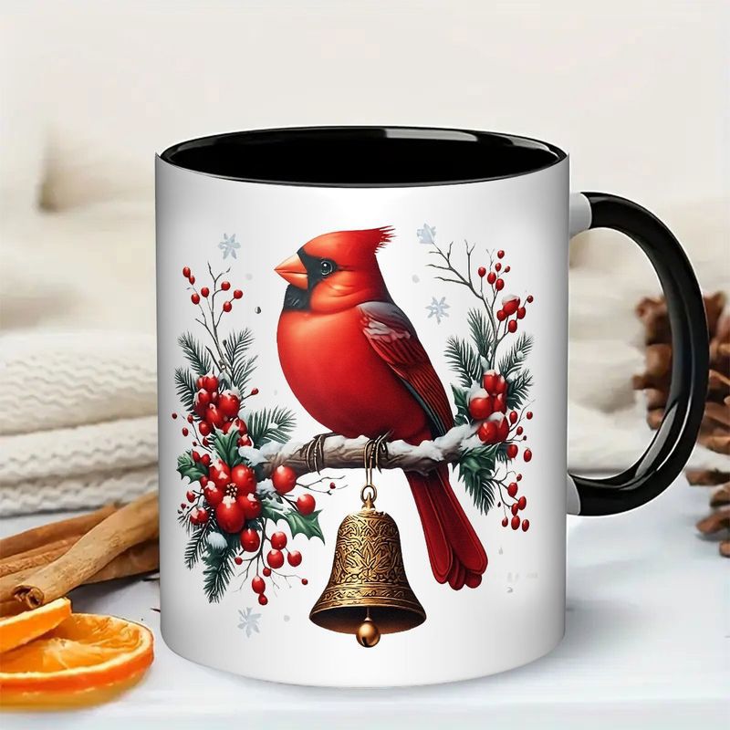 Tailorly Black Accent 11 oz Mug - bird sitting on a branch with berries