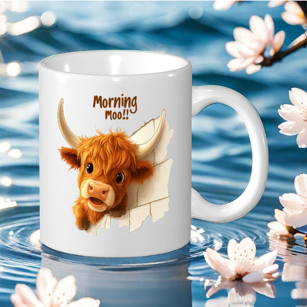 Tailorly White Ceramic 11 oz Mug - Morning Moo Adorable Fluffy Orange Highland Cow Peeking Through A Cracked Stone Wall Highland Cow