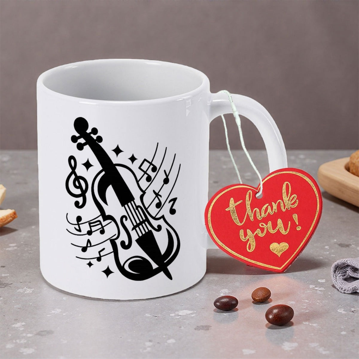 Tailorly White Ceramic 11 oz Mug - Thank You Graceful Musical Notes And Stars Surrounding A Classic Silhouette String Instrument Violin