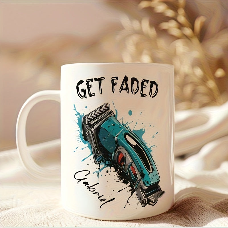 Tailorly White Ceramic 11 oz Mug - Get Faded Gabriel Stylized Professional Electric Barber Tool Among Vibrant Ink Splatter Accents Hair Clipper