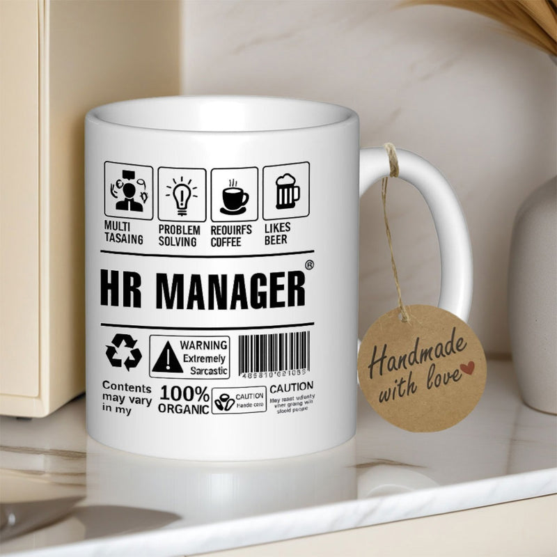 Tailorly White Ceramic 11 oz Mug - HR Manager Multi Tasking Problem Solving Minimalist Black Icons And Bold Text Label On Pure
