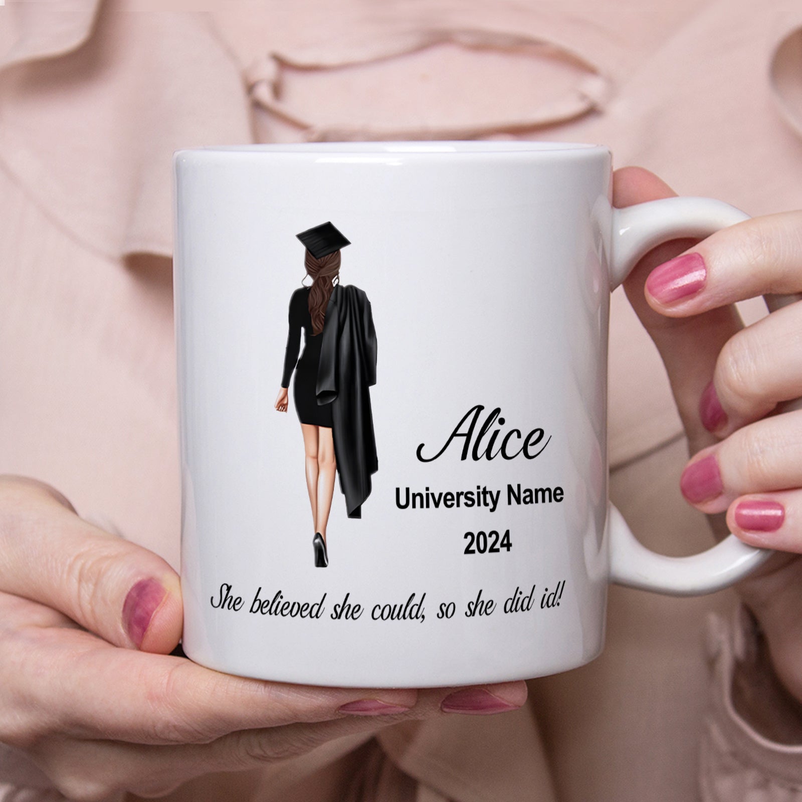 Tailorly White Ceramic 11 oz Mug - Alice University Name 2024 She Believed She Could So She Did Graceful Woman Wearing Cap And Gown During Graduation Ceremony