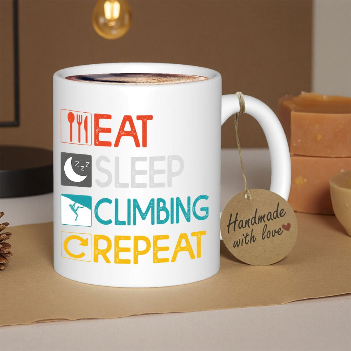 Tailorly White Ceramic 11 oz Mug - Eat Sleep Climbing Repeat Minimalist Modern Style Graphic For Outdoor Enthusiasts And Sports Active Mountain Climber