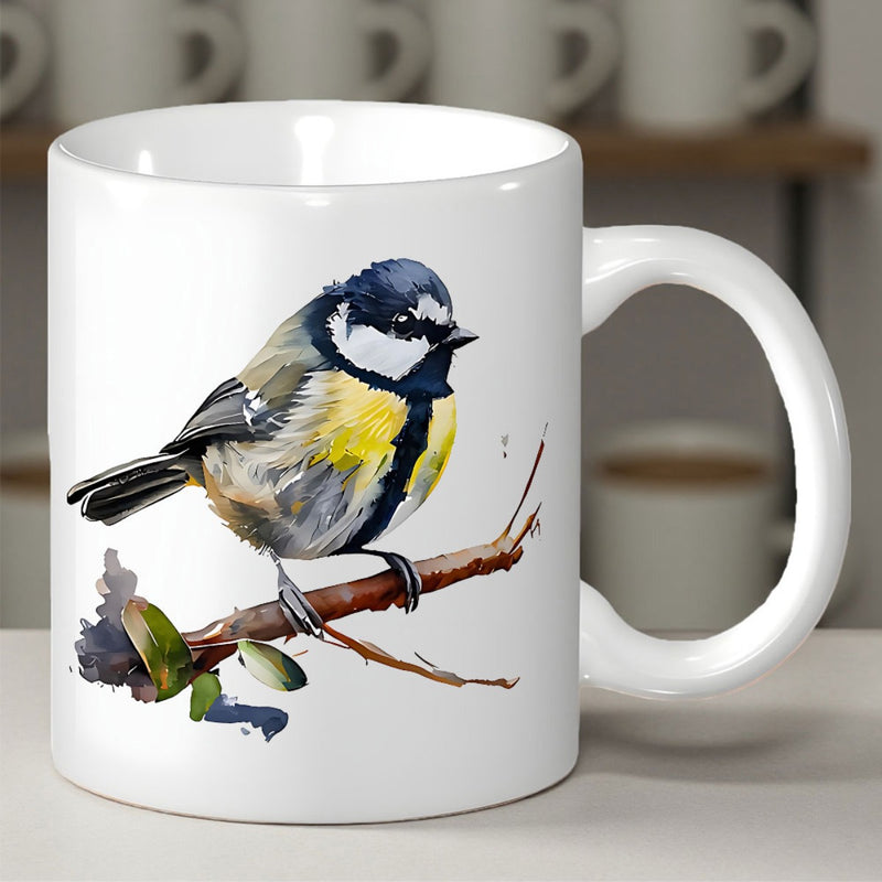 Tailorly White Ceramic 11 oz Mug - Realistic Watercolor Great Tit Perching On A Delicate Small Wooden Branch Bird