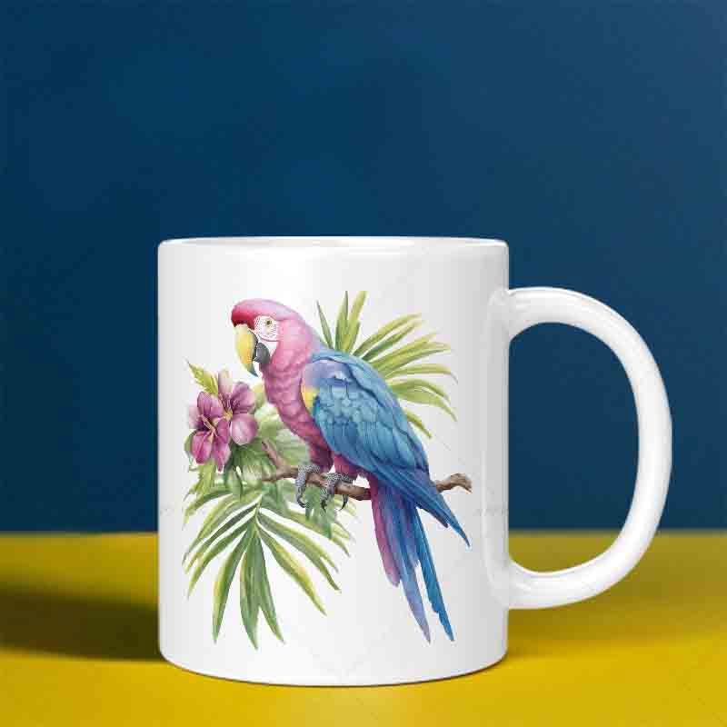 Tailorly White Ceramic 11 oz Mug - Vibrant Colorful Tropical Bird Perched Among Lush Green Palm Leaves Parrot
