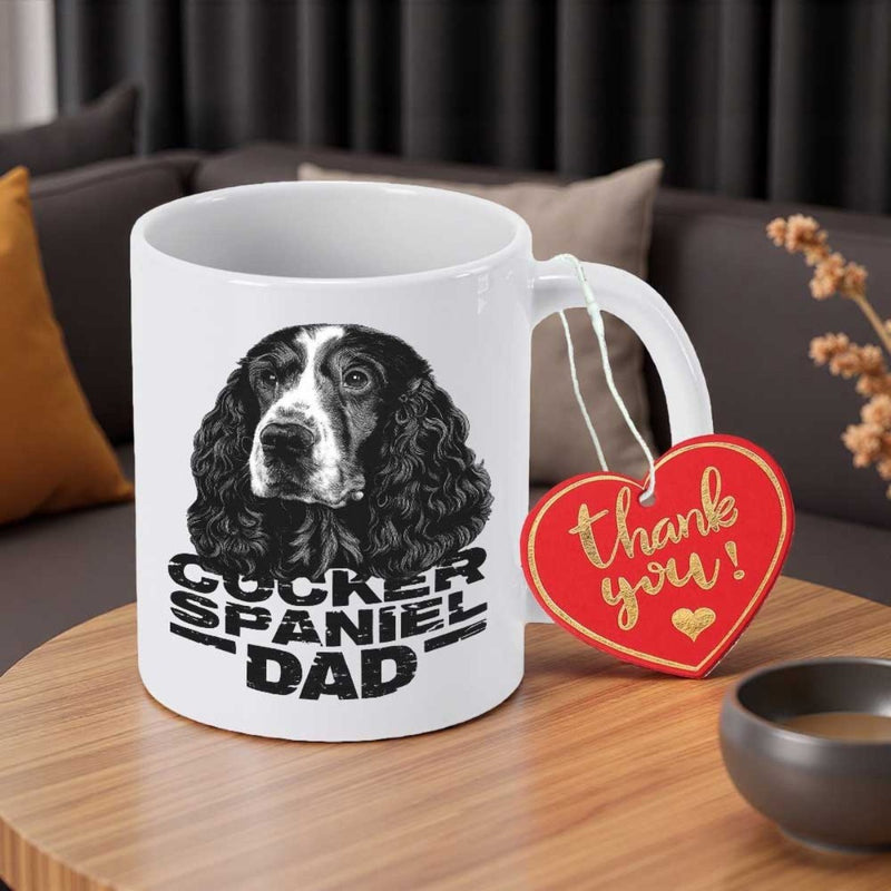 Tailorly White Ceramic 11 oz Mug - Cocker Spaniel Dad Detailed Realistic Black And White Portrait With Long Curly Fur Cocker Spaniel