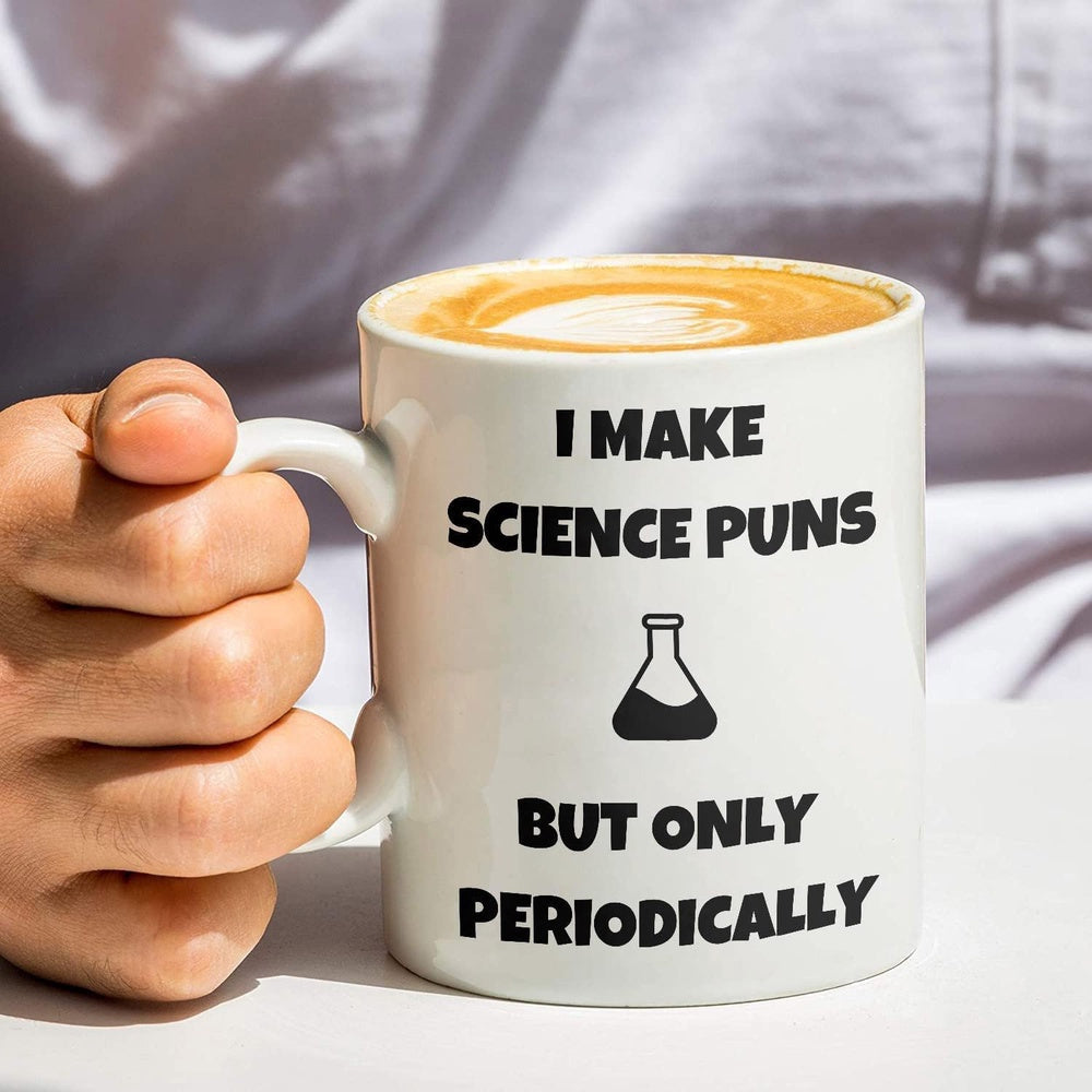 Tailorly White Ceramic 11 oz Mug - I Make Science Puns But Only Periodically Minimalist Black Silhouette Of Laboratory Glassware Containing Experimental Chemical