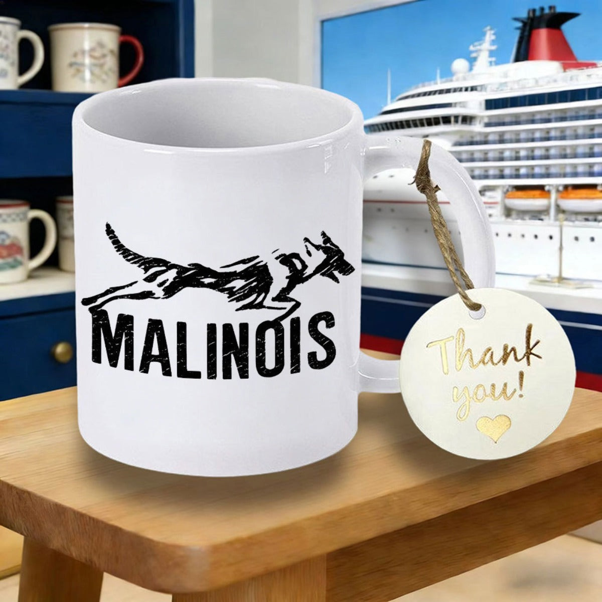 Tailorly White Ceramic 11 oz Mug - Malinois Dynamic Black Silhouette Showing Powerful Athletic Running Dog