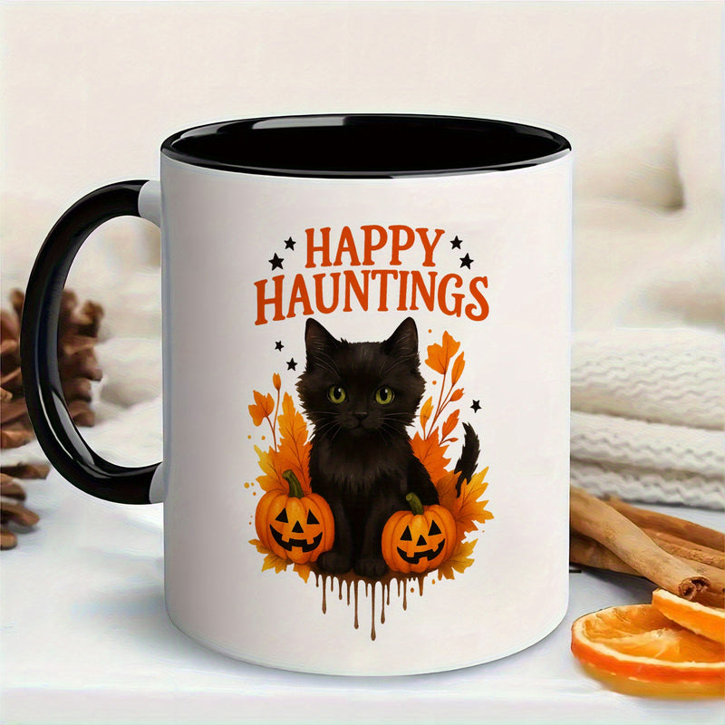 Tailorly Black Accent 11 oz Mug - happy hauntings spooky halloween cat and pumpkin