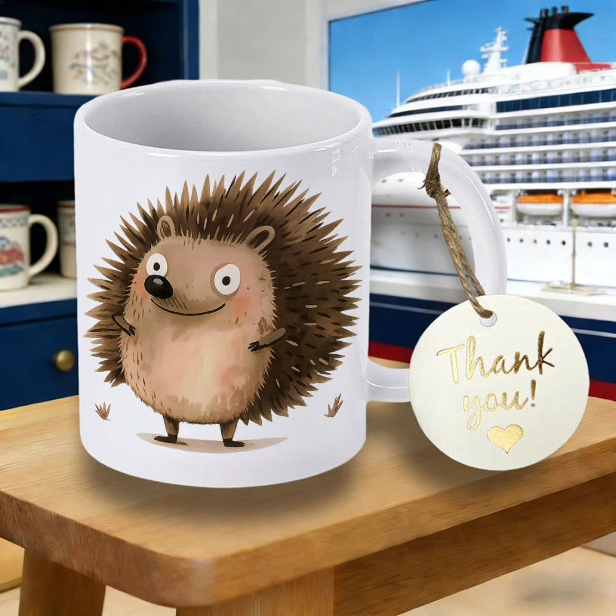Tailorly White Ceramic 11 oz Mug - Thank You Adorable Little Brown Creature With Spiky Quills And Happy Smile Hedgehog