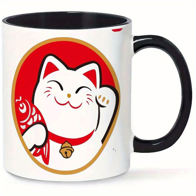 Tailorly Black Accent 11 oz Mug - cat maneki neko japanese fortune icon with golden accents