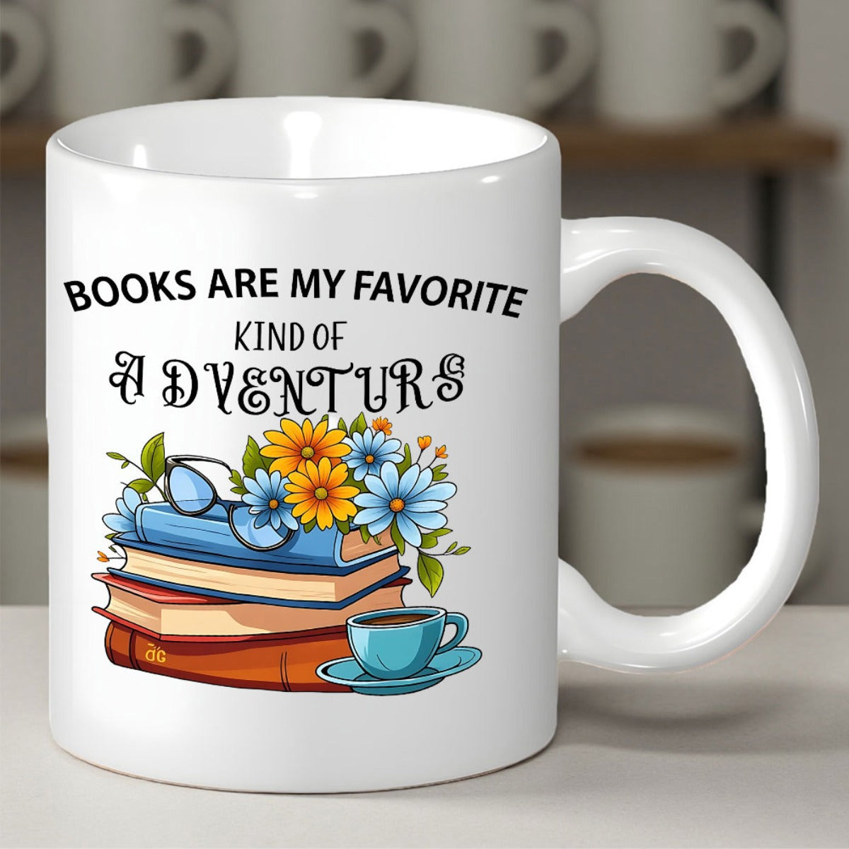 Tailorly White Ceramic 11 oz Mug - Books Are My Favorite Kind Of Adventure Stacked Vintage Novels With Colorful Spring Flowers And Blue Reading Glasses Books