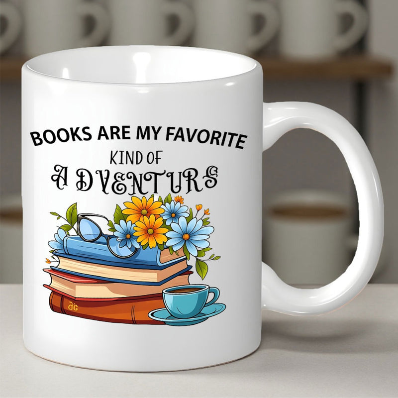 Tailorly White Ceramic 11 oz Mug - Books Are My Favorite Kind Of Adventure Stacked Vintage Novels With Colorful Spring Flowers And Blue Reading Glasses Books