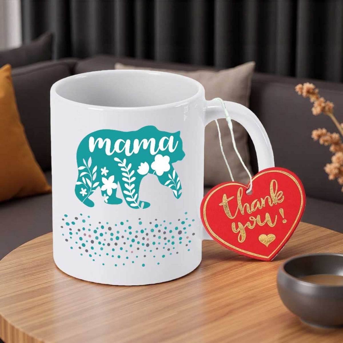 Tailorly White Ceramic 11 oz Mug - Mama Teal Silhouette Featuring Decorative Floral Patterns Above Colorful Sprinkled Dots Bear