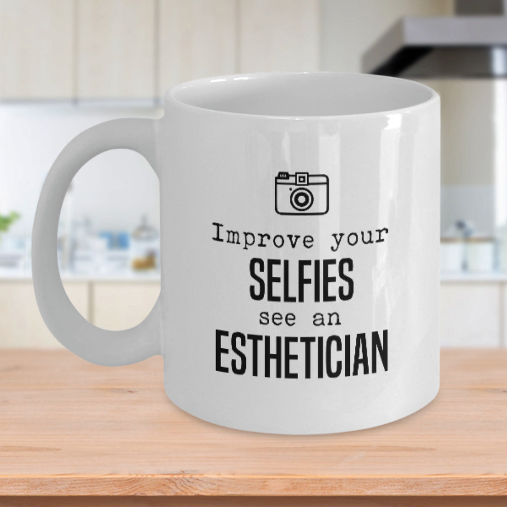 Tailorly White Ceramic 11 oz Mug - Improve Your Selfies See An Esthetician Minimalist Line Drawing Of A Modern Photography Icon Symbol Camera
