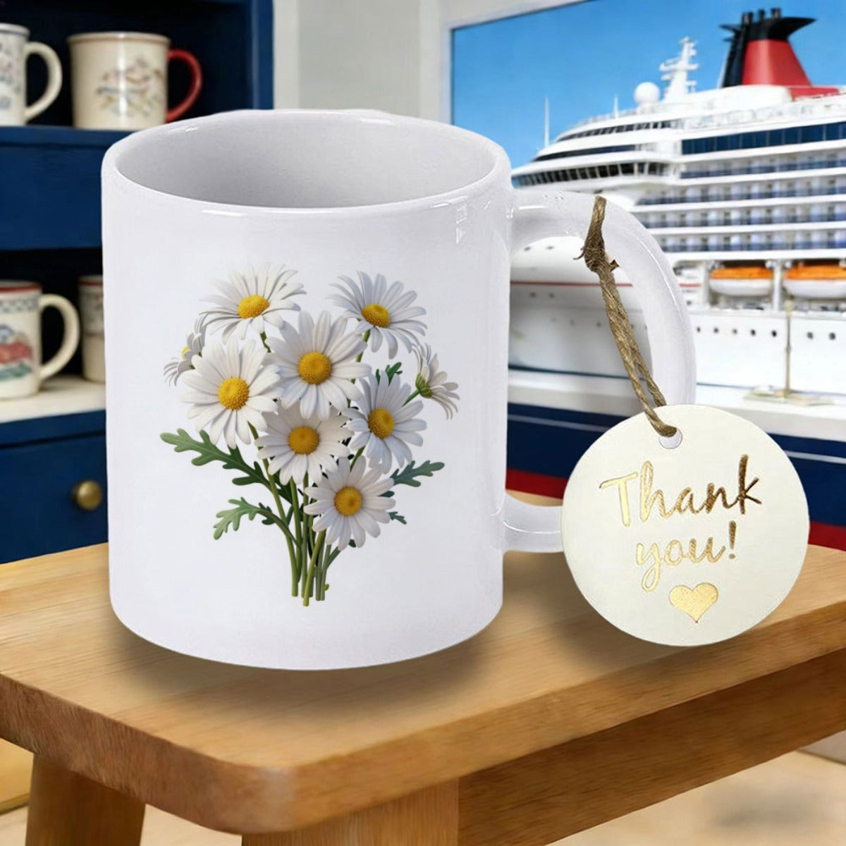 Tailorly White Ceramic 11 oz Mug - Thank You White Petals Yellow Center Green Leaves Blooming In A Fresh Summer Garden Flower