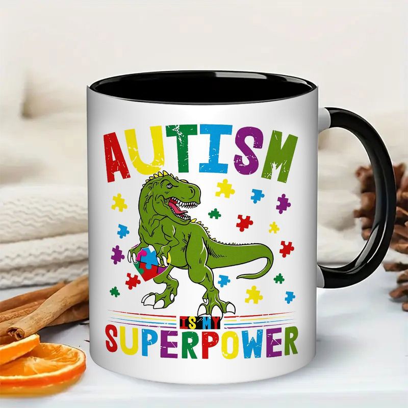 Tailorly Black Accent 11 oz Mug - autism awareness dinosaur puzzle piece rainbow lettering