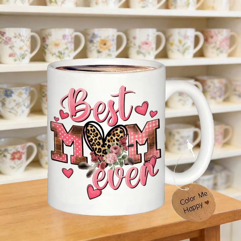 Tailorly White Ceramic 11 oz Mug - Best Mom Ever Pink Plaid Textures Featuring Leopard Print And Delicate Flowers Heart
