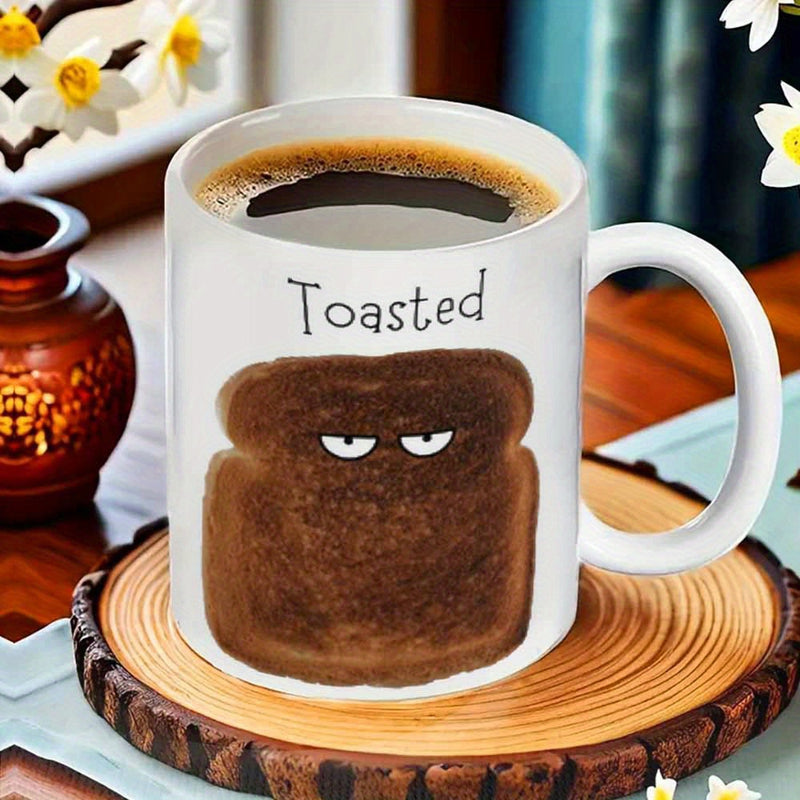 Tailorly White Ceramic 11 oz Mug - Toasted Grumpy Burnt Slice Of Bread With Half Closed Eyes Toast