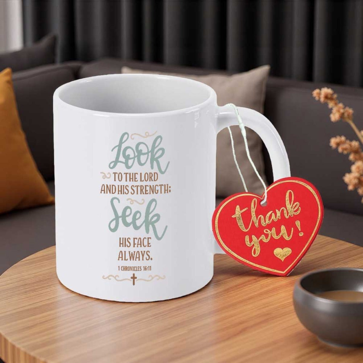 Tailorly White Ceramic 11 oz Mug - Look To The Lord And His Strength Seek His Face Always Elegant Script Typography Featuring Religious Message And Tiny Cross Mug