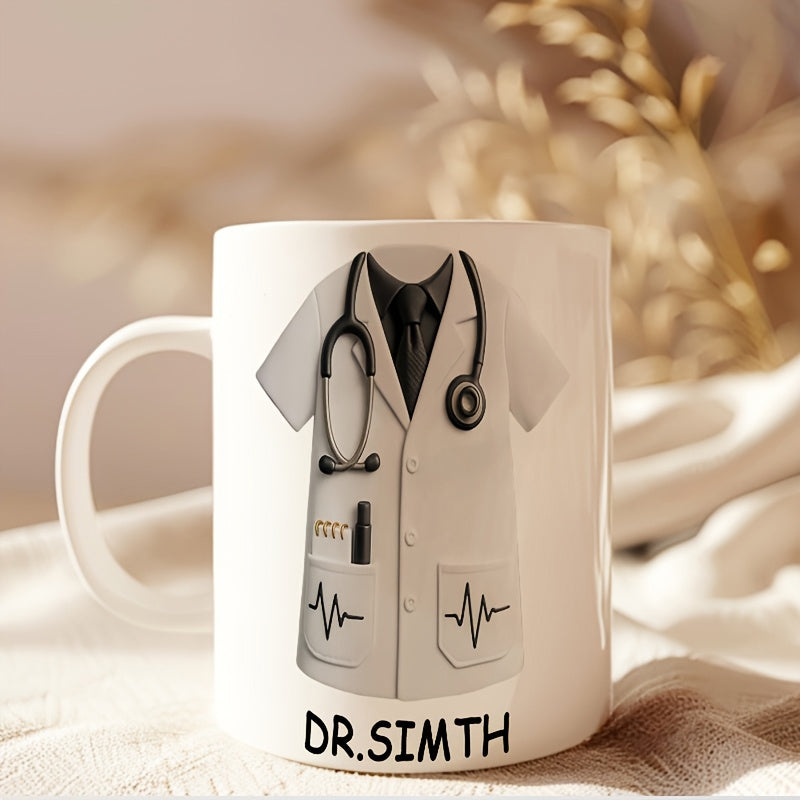 Tailorly White Ceramic 11 oz Mug - Dr Simth Professional Medical Lab Coat With Stethoscope And Heartbeat Graphic Uniform