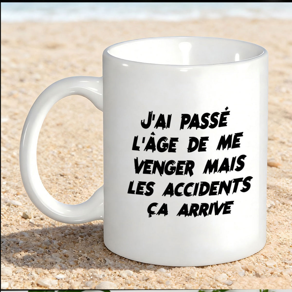 Tailorly White Ceramic 11 oz Mug - Classic White Minimalist Ceramic Body Resting On Sunny Coastal Sand Mug