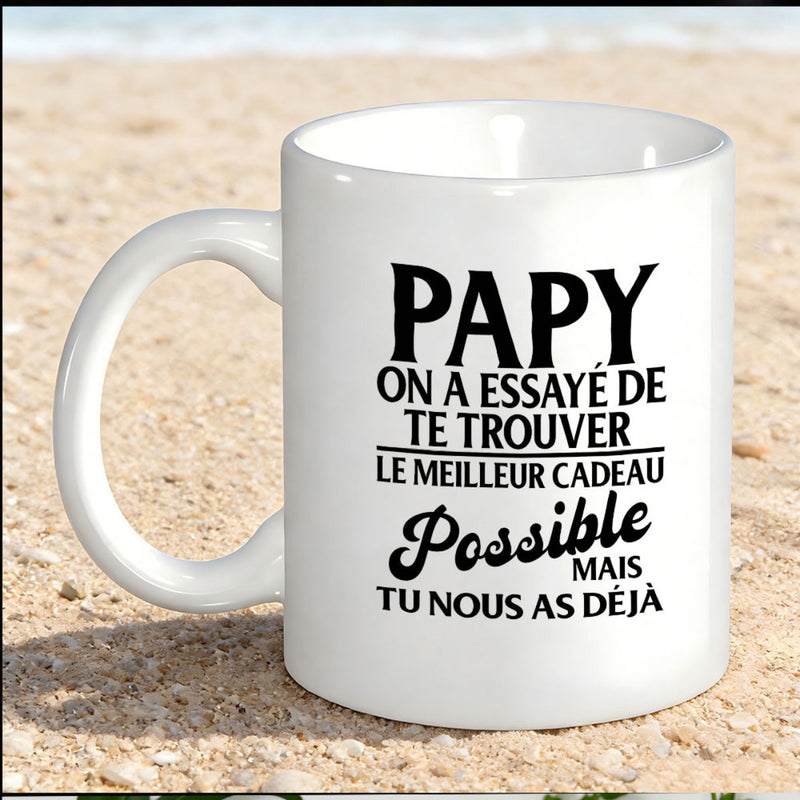 Tailorly White Ceramic 11 oz Mug - Pure Resting On Warm Textured Sandy Beach Mug