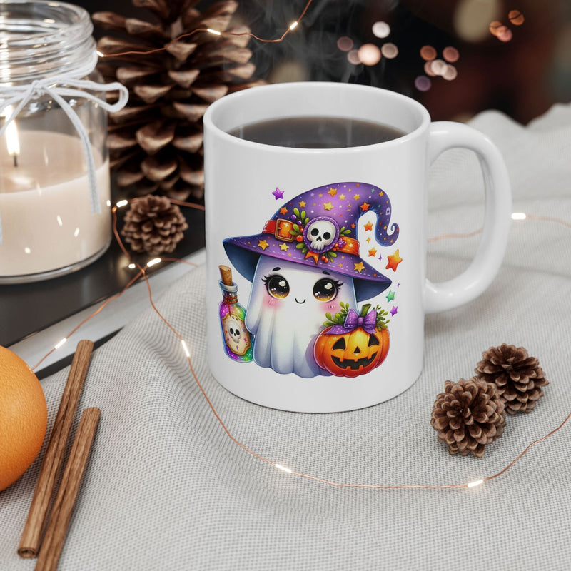 Tailorly White Ceramic 11 oz Mug - Adorable Halloween Spirit Wearing Purple Witch Hat Beside Carved Pumpkin Ghost