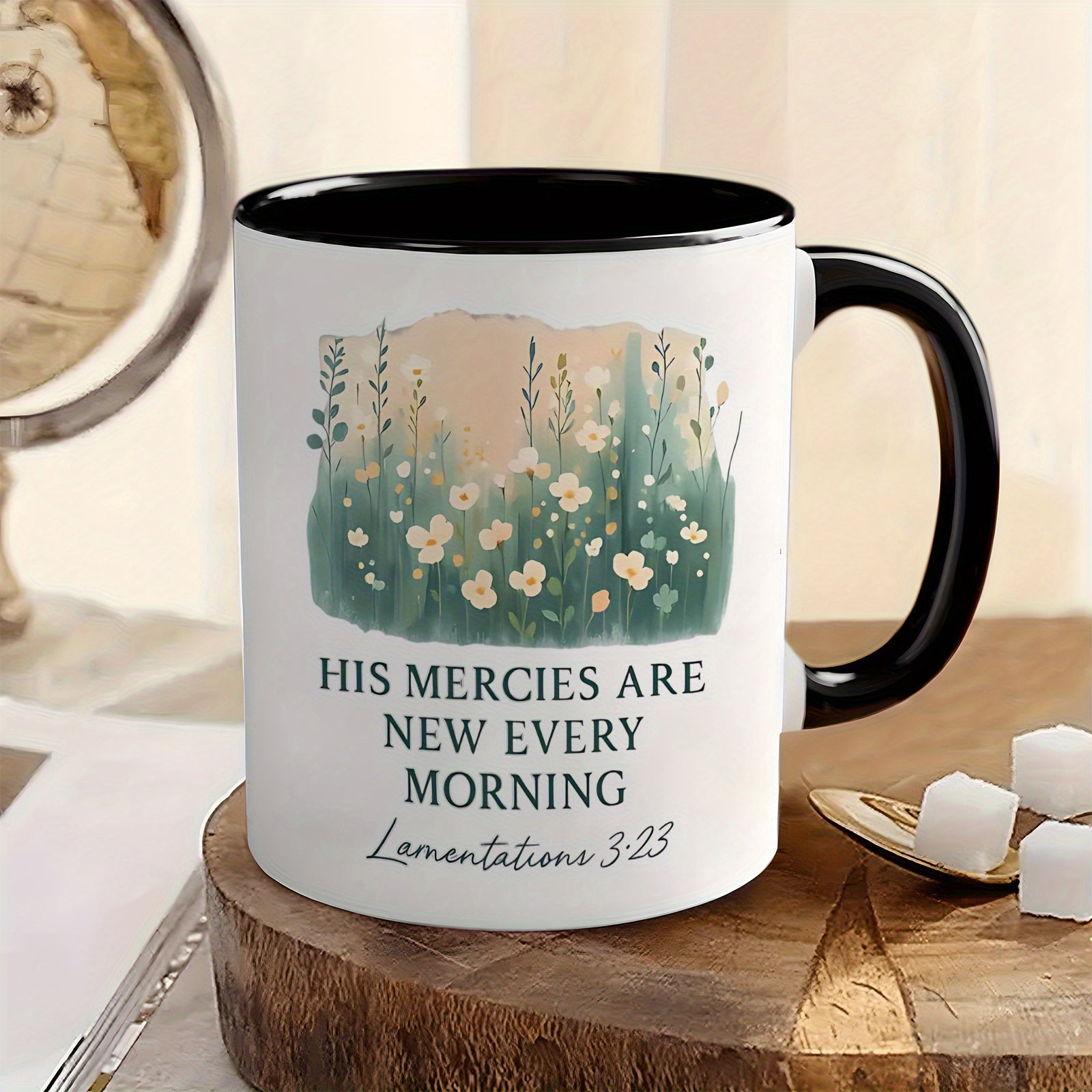 Tailorly Black Accent 11 oz Mug - watercolor floral with inspirational bible verse from lamentations 3 23