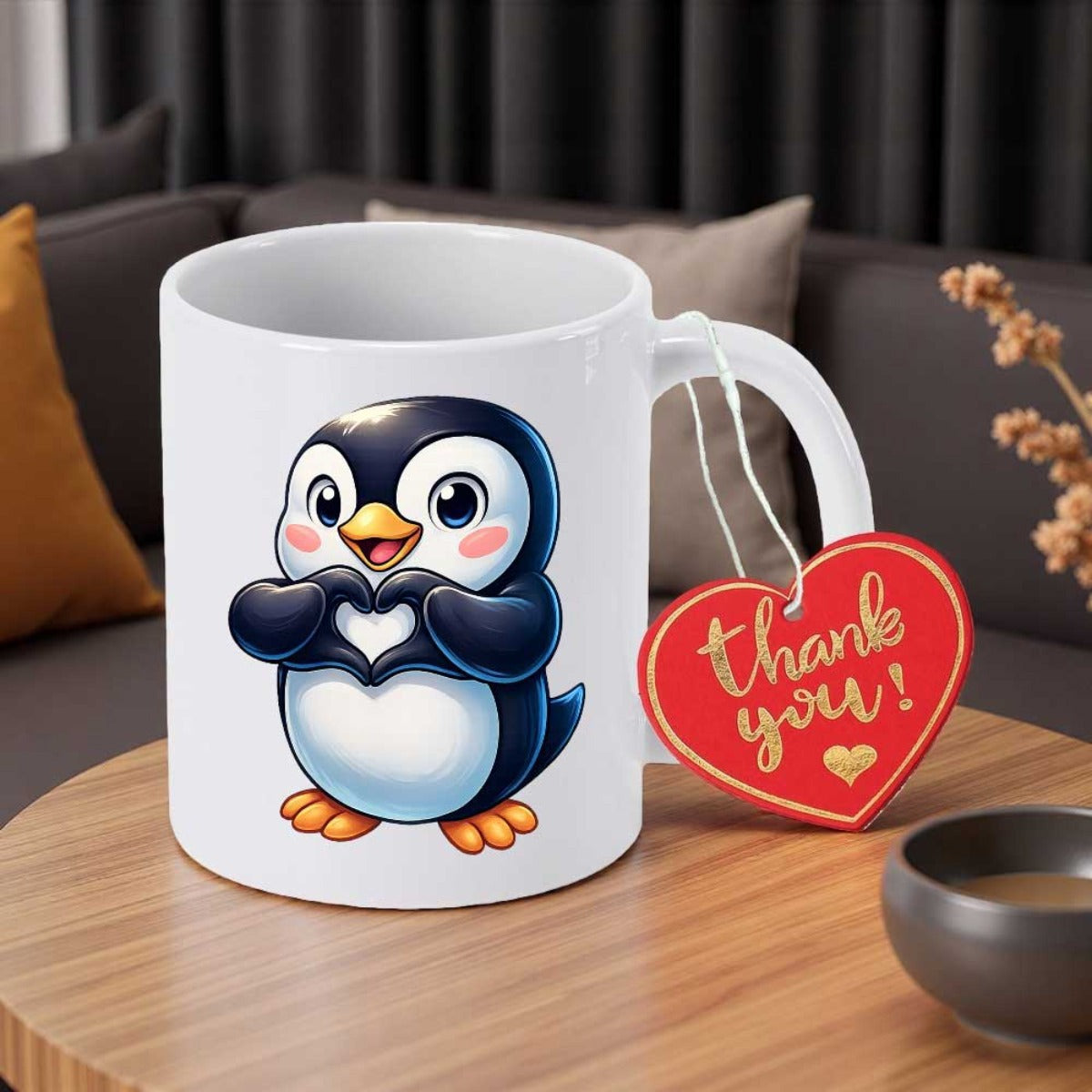 Tailorly White Ceramic 11 oz Mug - Thank You Adorable Cartoon Making Heart Shape With Flippers Standing On White Ceramic Penguin