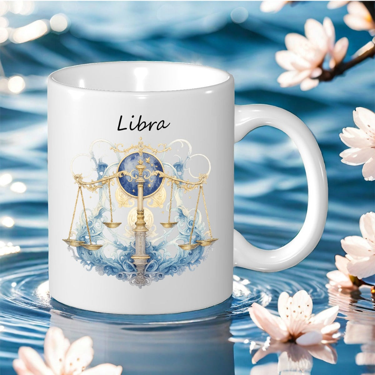 Tailorly White Ceramic 11 oz Mug - Libra Elegant Golden Ornament Balancing Amidst Blue Swirling Ethereal Celestial Waves Scales